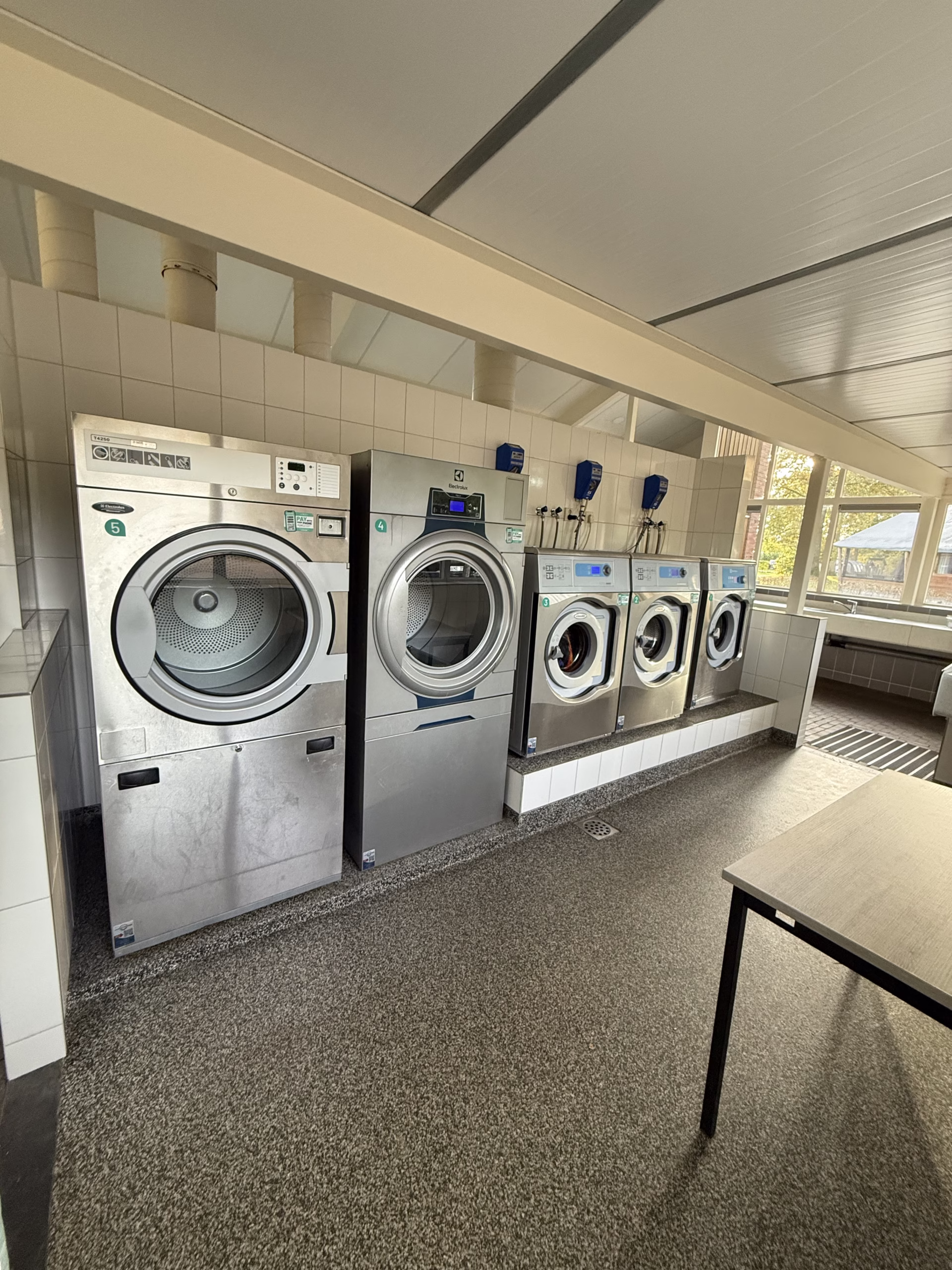 Gang met doucheruimtes en wastafels, modern hout en blauw