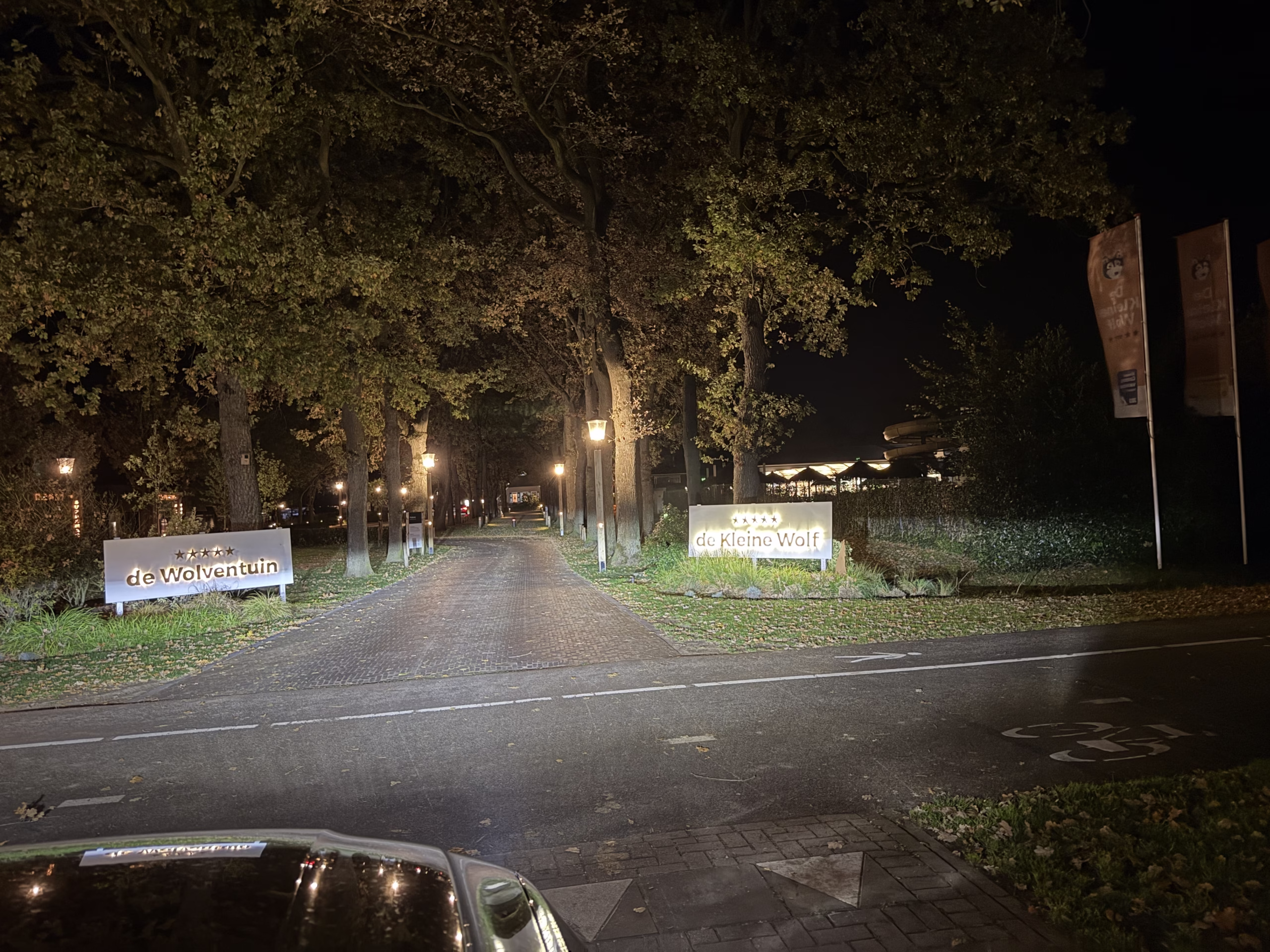 Oprijlaan De Kleine Wolf overdag met borden aan weerszijden